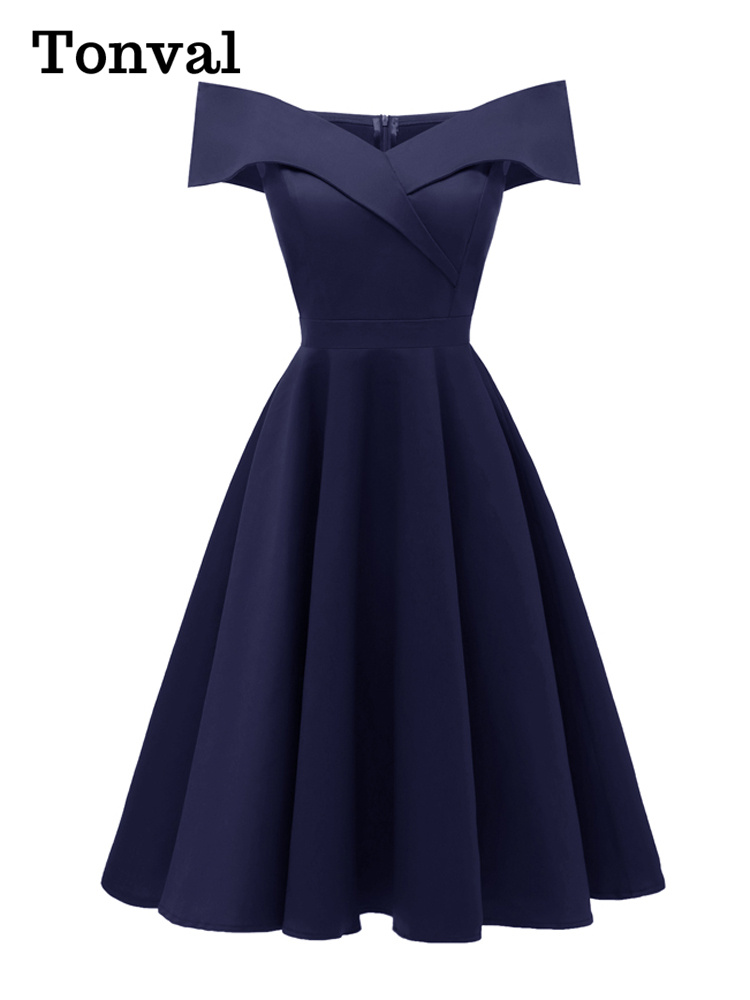 Tonval Vintage hors de l'épaule fête Sexy soirée robes d'anniversaire bal élégant femmes ajustement et évasé robe en coton