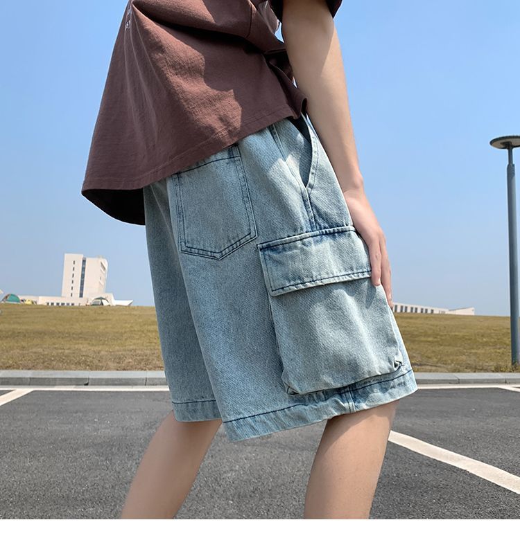 Vêtements de travail rétro américains fins pour hommes, Denim, taille élastique, ample, cinq points, taille moyenne, été