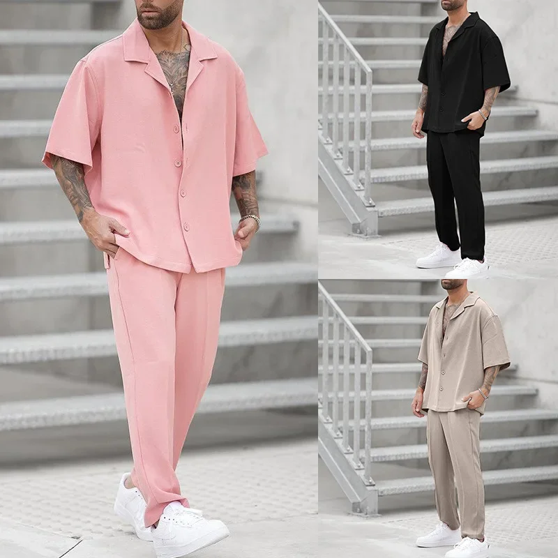 Ensemble Chemise et Pantalon à Revers pour Homme, Vêtements Décontractés, Couleur Unie, Manches Courtes, Costumes 2 Pièces, Tenues de Loisirs, Été