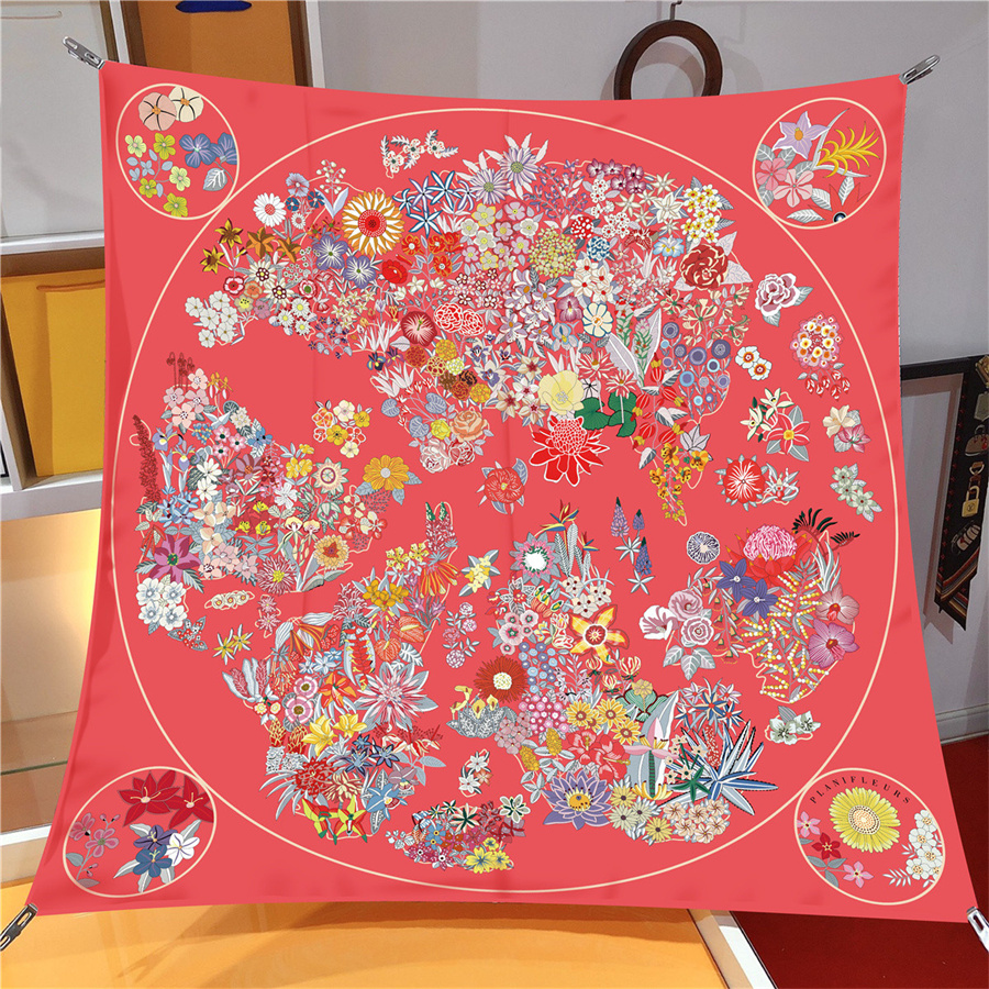 Foulard en soie sergé châle marque de luxe fleurs plantes imprimer Foulard carré femmes Hijabs Bandana Foulard foulard foulards de tête 90 cm