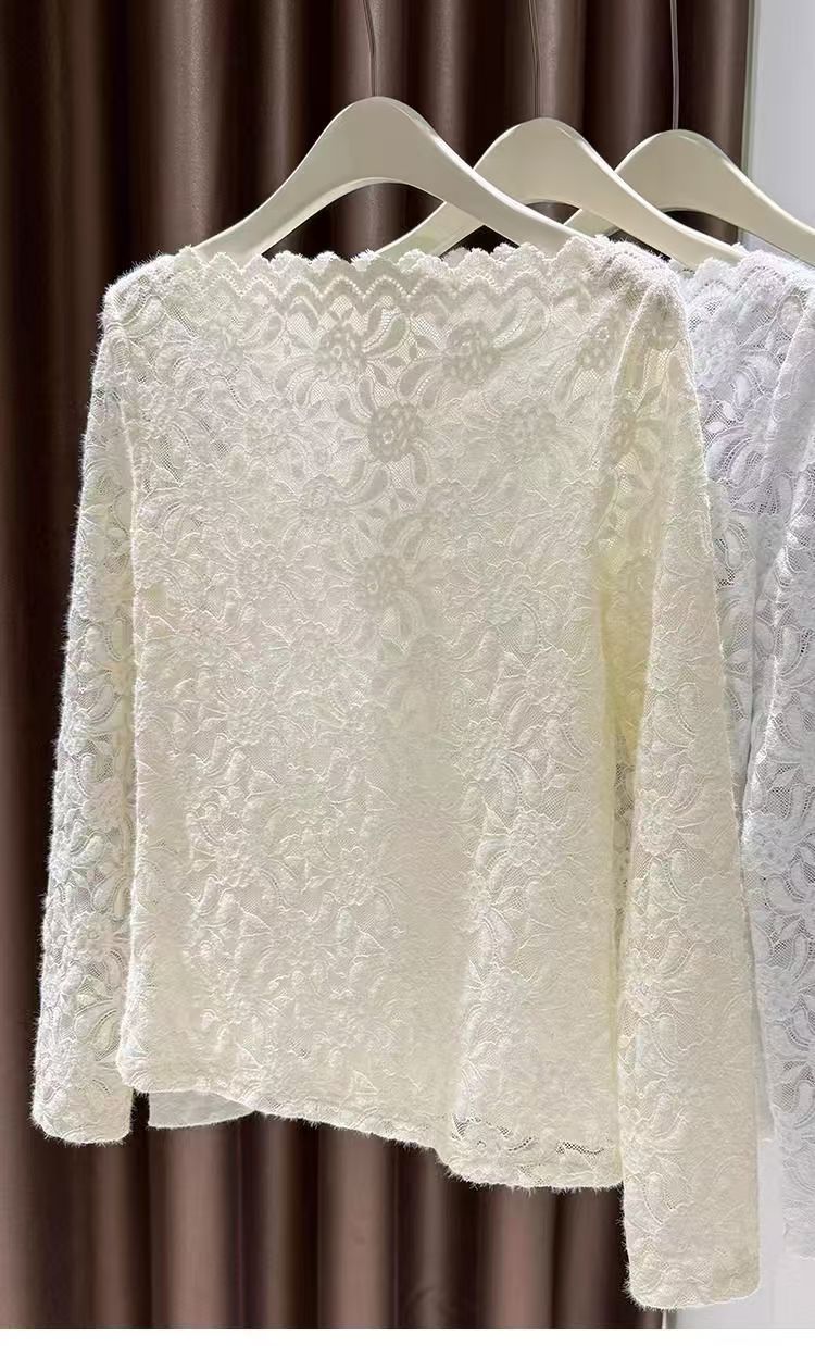 Femmes Sexy couverture en dentelle à manches longues vêtements intérieurs maille voir à travers la chemise en dentelle Base 2025 automne hiver haut Vintage bas blanc Blouse