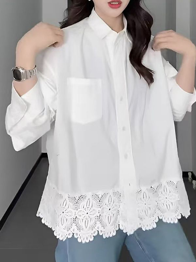 Chemisier blanc à manches longues pour femme, nouvelle collection été 2026, coupe oversize avec ourlet en dentelle, style coréen, décontracté, pour le bureau ou le travail