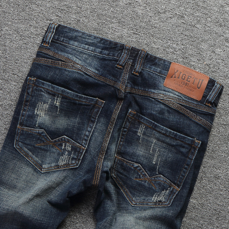 Nouvellement créateur de mode hommes jean rétro vert bleu coupe ajustée déchiré jean hommes pantalon Vintage décontracté coton Denim pantalon Hombre