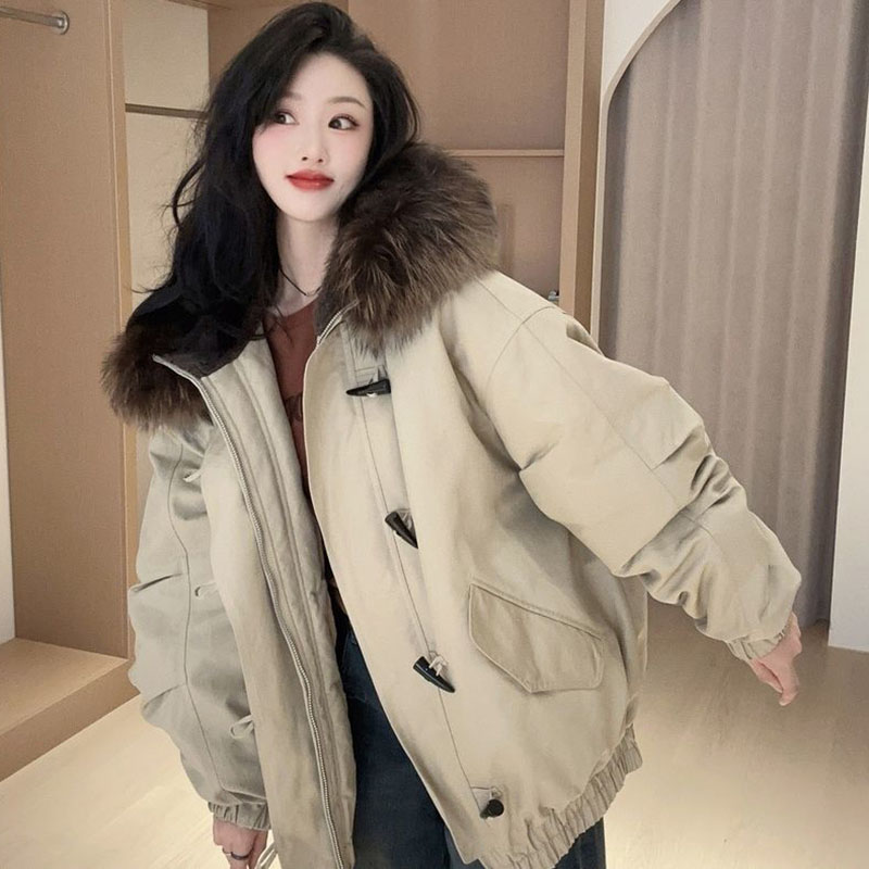 Hiver 2026 Nouvelle Veste Chaude en Coton Matelassé pour Femmes, Chic, à Capuche en Corne, Grand Col en Fourrure, Manteau Parka, Doudoune, Vêtement d'Extérieur Rembourré en Coton