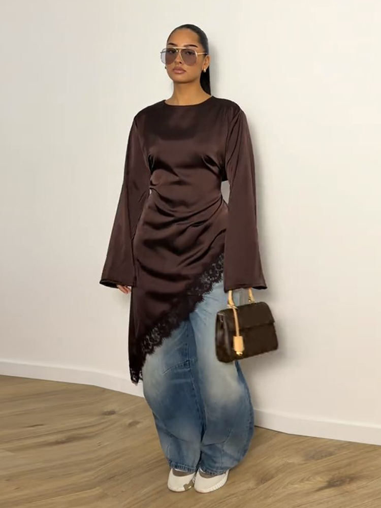 Chemisier Femme Tendance Col Rond Manches Longues en Satin Uni à Ourlet Asymétrique – Nouvelle Collection Printemps 2026 Chic Décontracté Élégant