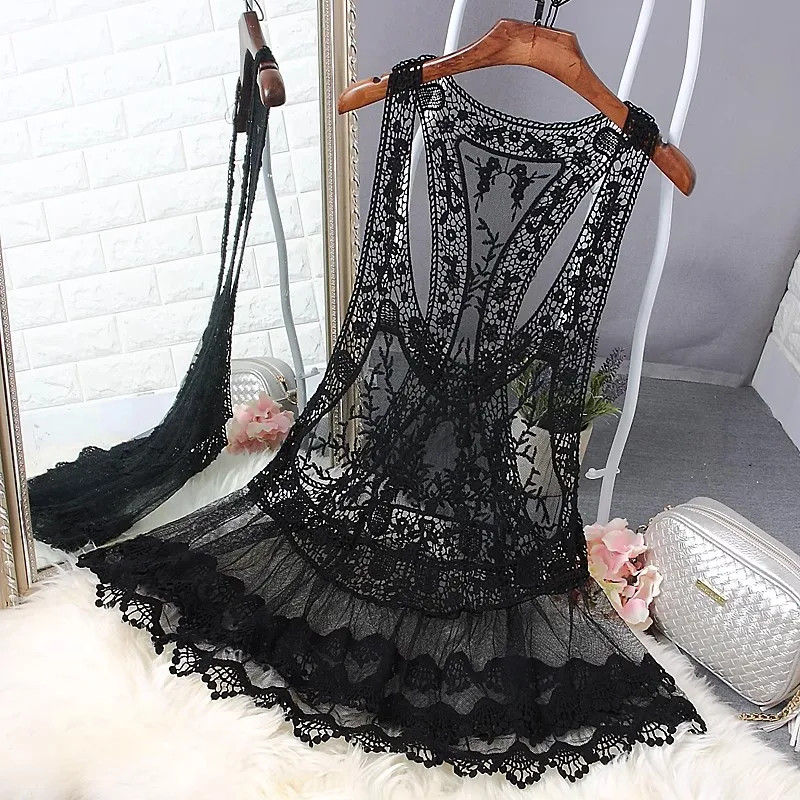 Tunique de plage mi-longue sans manches pour femme, en dentelle florale au crochet, dos nageur, maille transparente, ourlet festonné, style cache-maillot