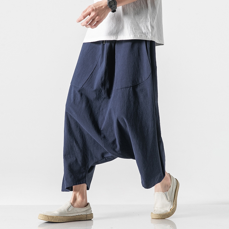 Pantalon d'été kimono vintage ample en coton et lin, nouveau pantalon décontracté pour homme, grande taille, pantalon à jambe décontractée pour homme, taille élastique, longueur mollet