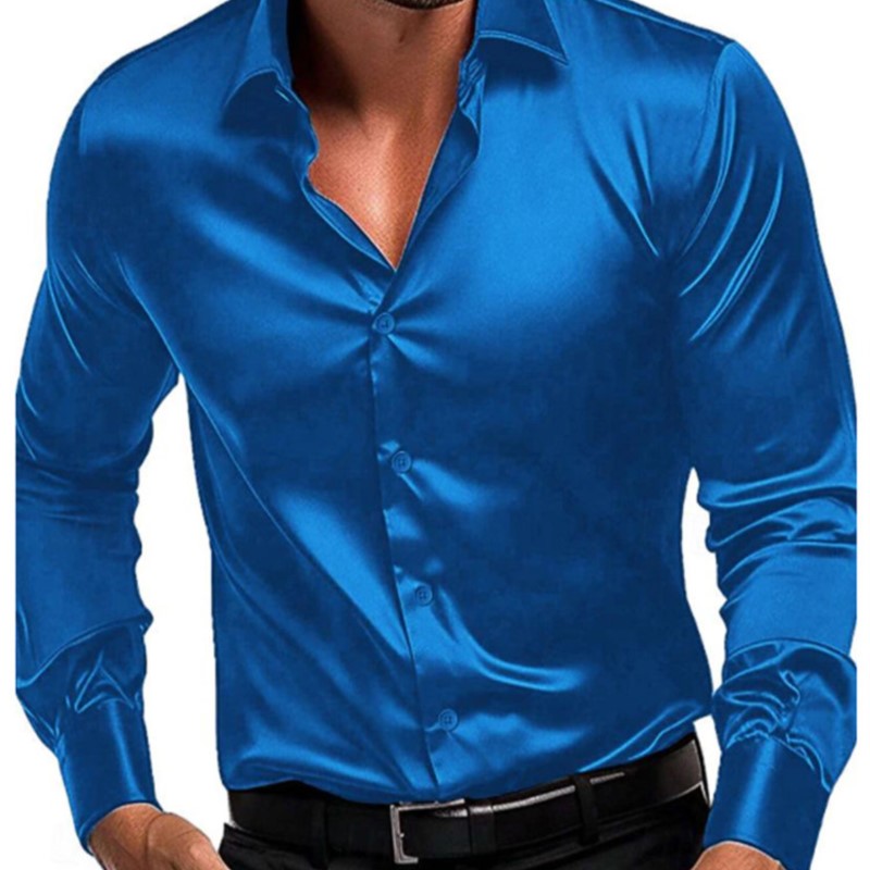 Chemises d'affaires décontractées en Satin de soie pour hommes, manches longues, simple boutonnage, boutons, col rabattu, vêtements de fête de mariage, chemisier