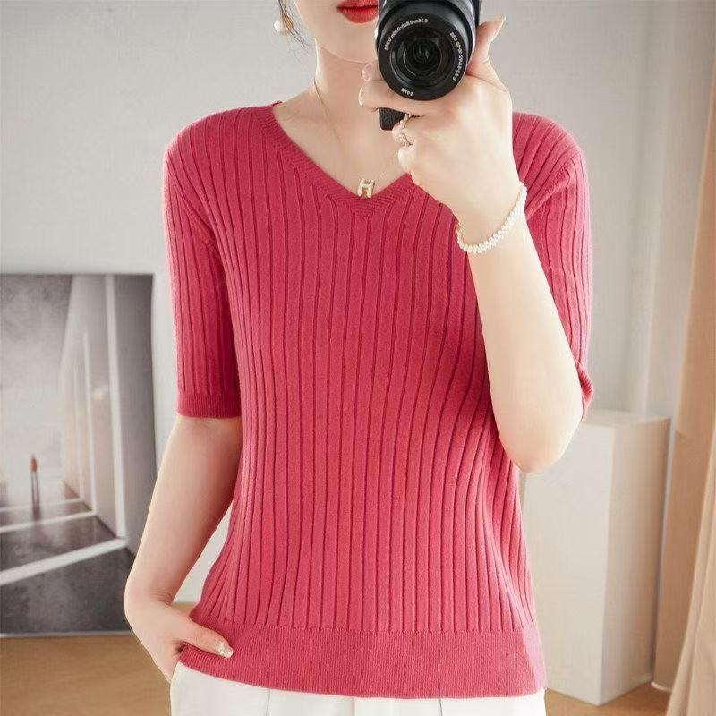 Pull tricoté décontracté pour femme, col en V, manches courtes, style coréen, à rayures, coupe ajustée, collection Printemps-Été