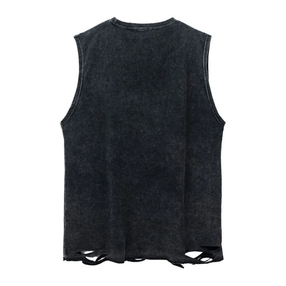Gilet délavé décontracté pour hommes, nouvelle mode d'été, trou polyvalent imprimé, collier en métal, T-Shirt sans manches pour hommes