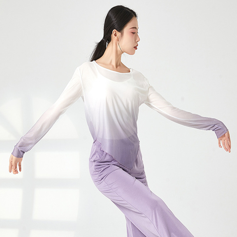 Chemisier en maille de gaze à manches longues pour femmes, haut de danse classique, costume de pratique moderne, ourlet coudé, t-shirt décontracté, document nickel é