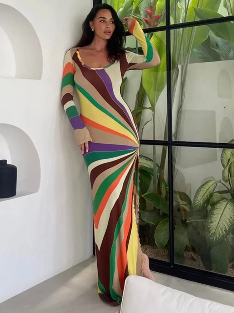 Robe longue moulante imprimée arc-en-ciel pour femme, manches longues, tendance estivale, fente haute, décontractée, pour soirée