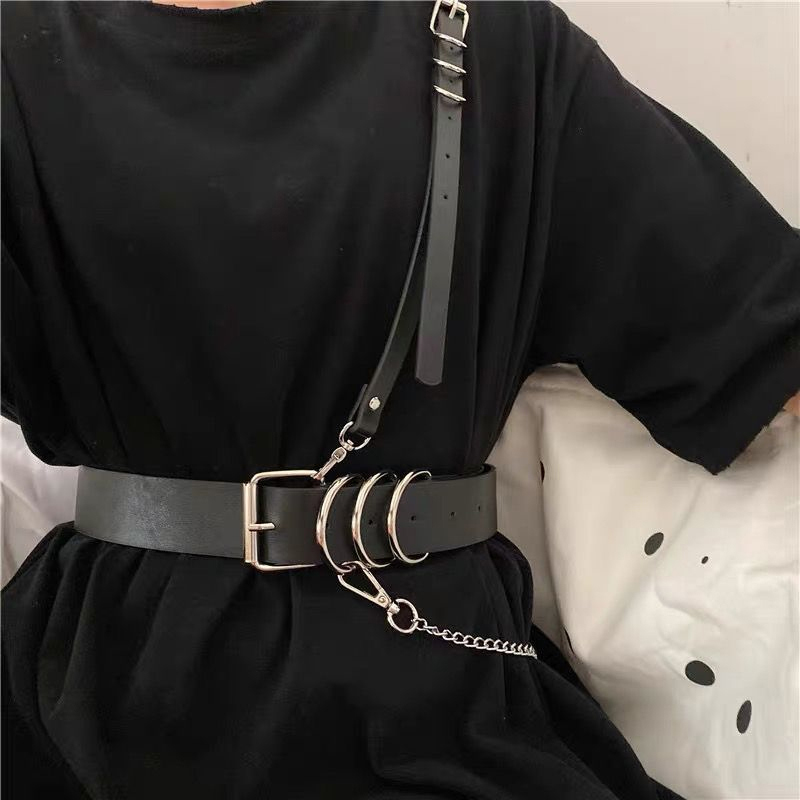 Nouvelle ceinture chaîne détachable style punk coréen pour hommes et femmes, en cuir PU noir, harnais, ceinture corset gothique, accessoires de ceinture de taille
