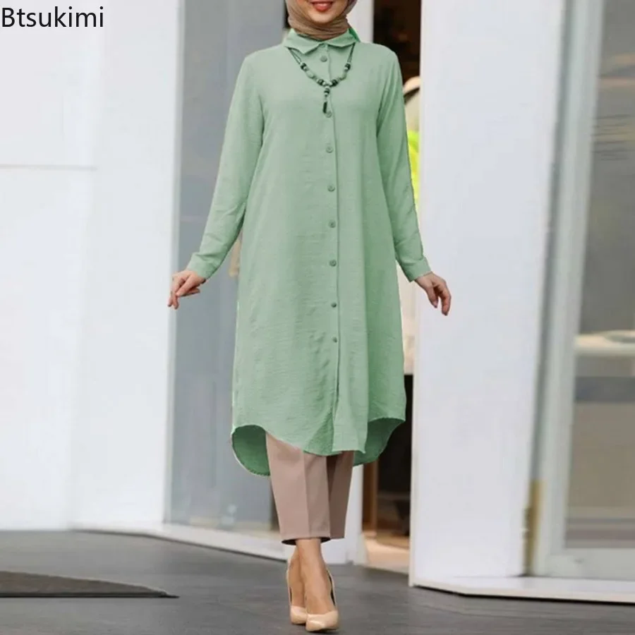 2026 saoudien arabe femmes musulmanes à manches longues Blouse décontracté chemise ample robe tunique Blusas femmes hauts maroc turc solide Chemise