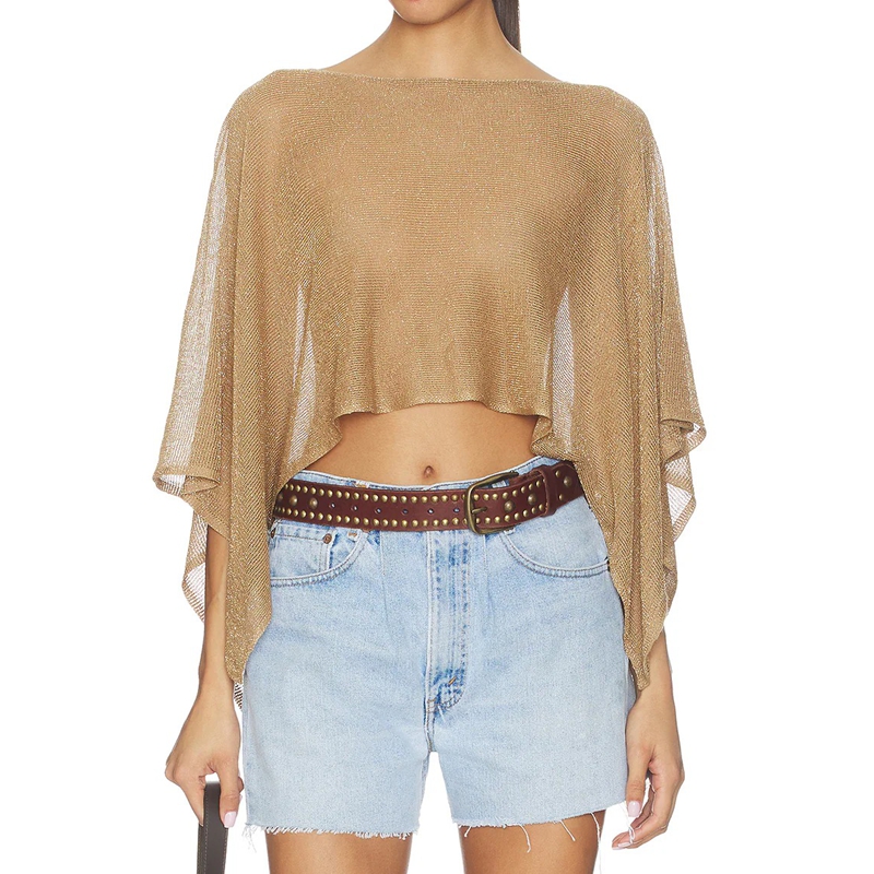 Combhasaki – poncho en tricot scintillant Y2k pour femmes, châle court, col bateau, couverture de plage, pull, hauts transparents scintillants