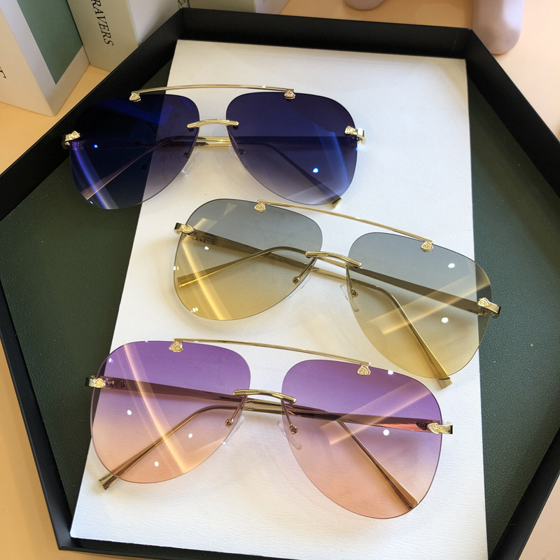 Lunettes de soleil ovales en alliage sans monture pour hommes et femmes, lunettes de soleil dégradées vintage, pilote d'aviation, nuances en métal, noir, marron, marque