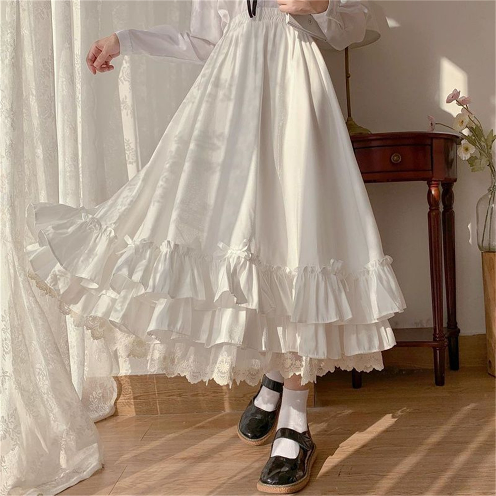 Style coréen noir blanc demi-jupe femme jupes longues japonais couleur unie Double couche Vintage français à volants a-ligne jupe