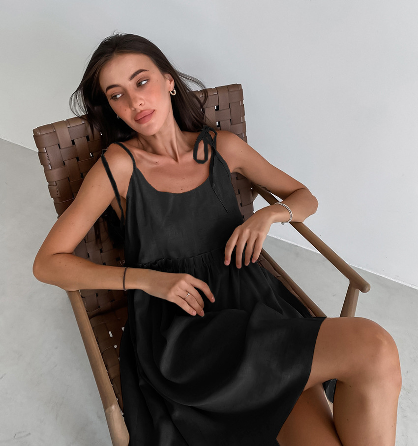 Robes Courtes Amples en Coton et Lin à Lacets Élégantes pour Femmes – Robe Décontractée Simple d'Été, Robes de Plage Noires et Marron pour les Vacances