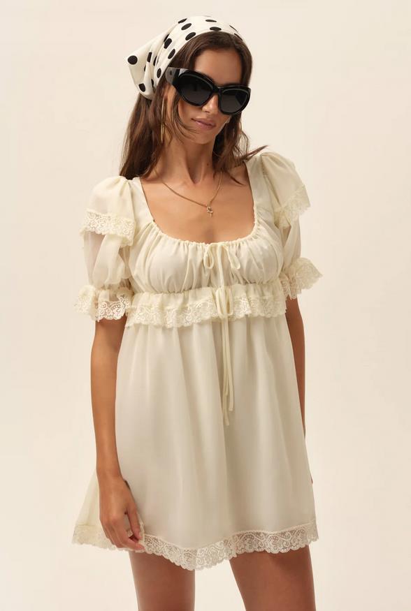 Robe d'été pour femmes, manches bouffantes, coupe trapèze, élégante, mini-robe de soirée, avec dentelle, dos nu, style plage et streetwear