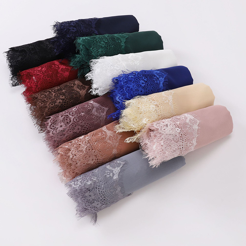 Mode musulmane Modal mousseline de soie Jersey Hijab pour les femmes plaine doux écharpe châles grande dentelle garniture foulard islamique Turban bandeau