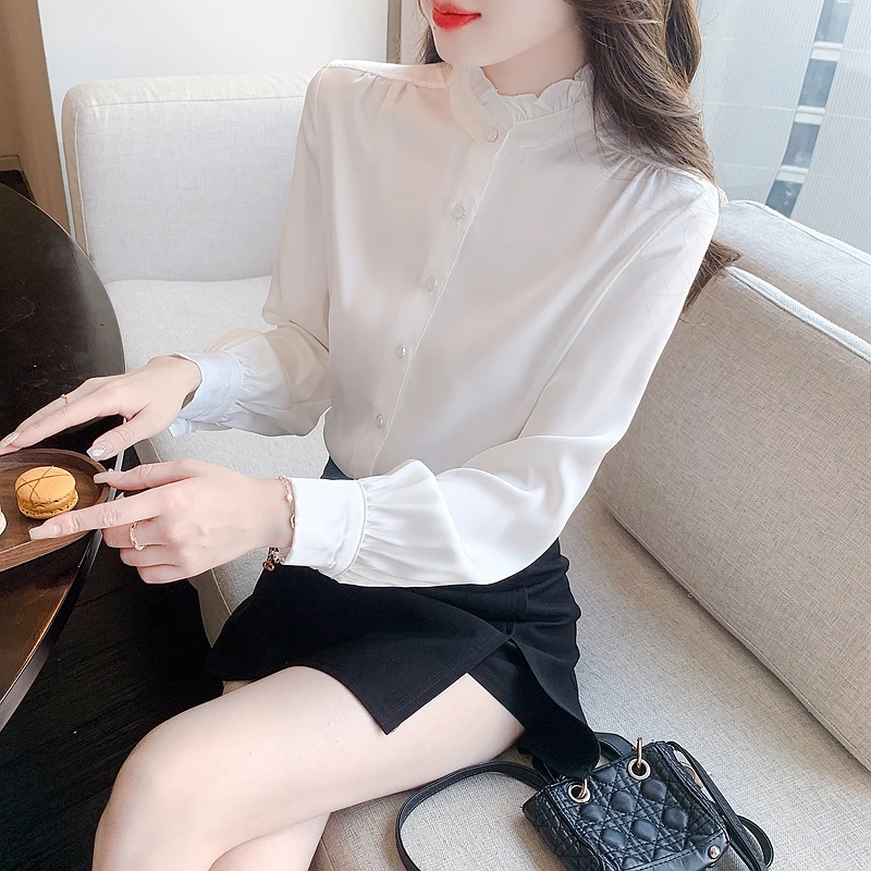 Chemisier en mousseline de soie à manches longues pour femmes, chemise à la mode, col montant, chemisier blanc, H540, 2024