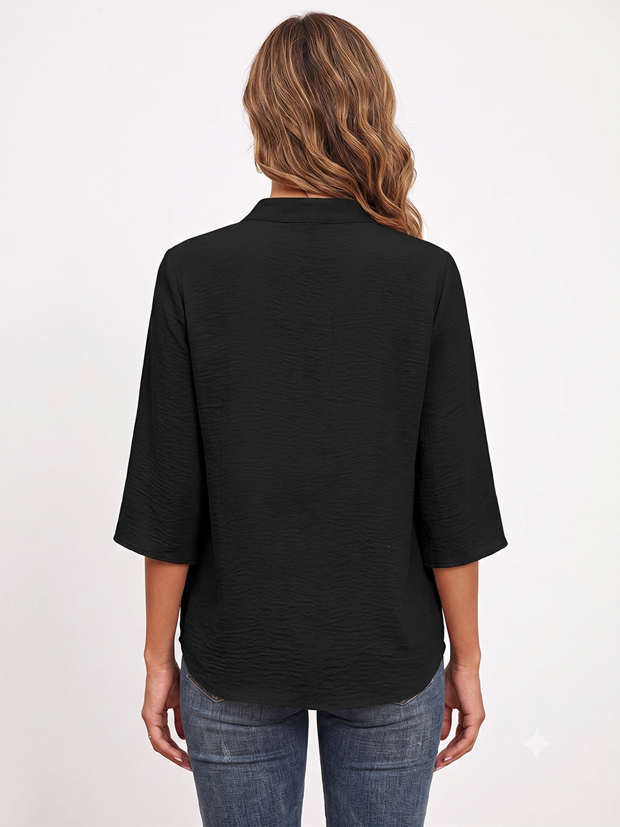 Chemisier chic noir pour femme à manches 3/4, col en V, manches cloche fendues, coupe ample et décontractée, texturé, élégant pour le travail ou le quotidien