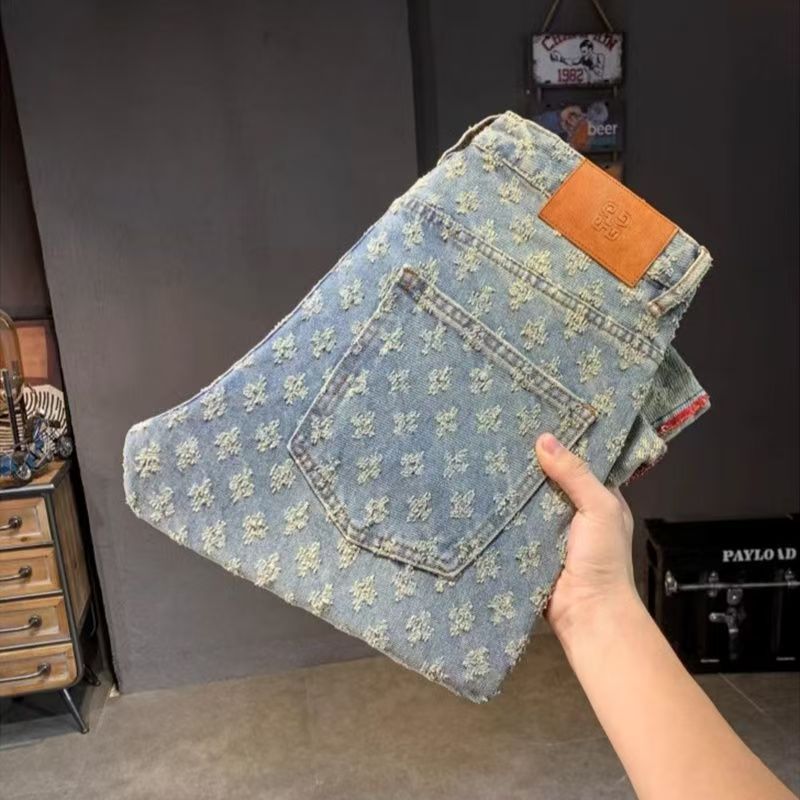 Jean Jacquard imprimé complet pour hommes, pantalon Streetwear haut de gamme, tendance, américain, High street, jambe droite, légèrement évasé, été