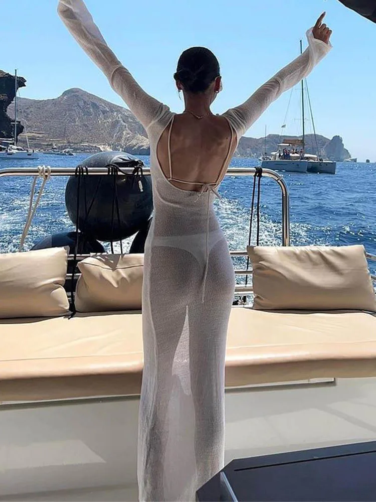 Longue robe blanche transparente, dos nu, taille haute, épissée, manches longues, couleur unie, tenue de plage, été