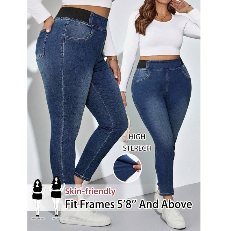 Jeans pour femmes grandes tailles, pantalon en denim décontracté à taille élastique, adapté aux trajets quotidiens, denim délavé, tendance, polyvalent, amincissant