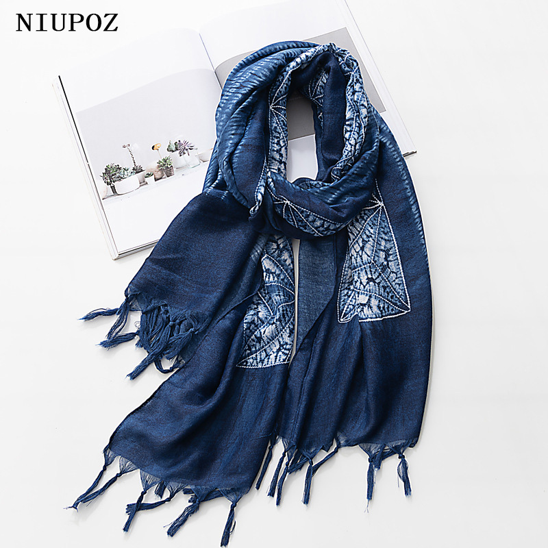 Foulard Coloré Batik pour Femme Musulmane, Long Châle, Style Ethnique, Bandana Chaud, Pompon, Bleu Marine, Hiver, 100x185cm