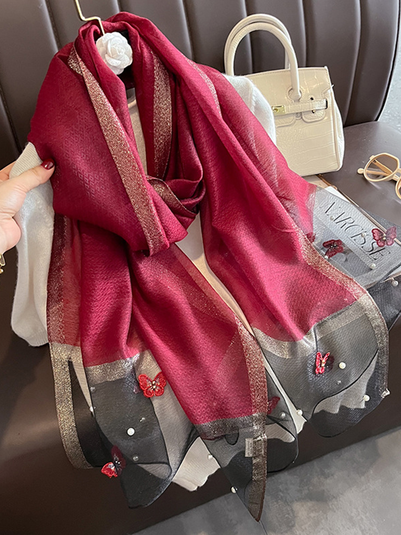 Mode Design Floral broderie Foulard en soie femmes Hijab femme Foulard Pashmina longue plage étoles châle enveloppement foulards Bandana