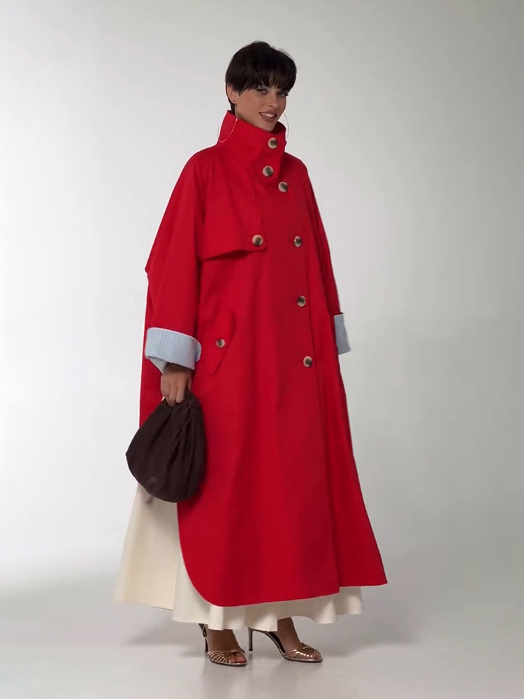 Manteau long décontracté uni pour femme, coupe ample, manches longues, à simple boutonnage, col montant, style patchwork, veste d'automne 2026 pour femme.