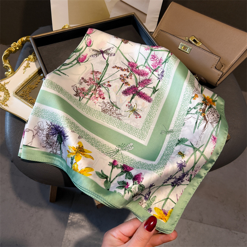 Écharpe carrée florale de luxe 70*70cm pour femmes, élégante, hijab, foulard, châle, en soie unie douce et résistante aux taches, pour les voyages