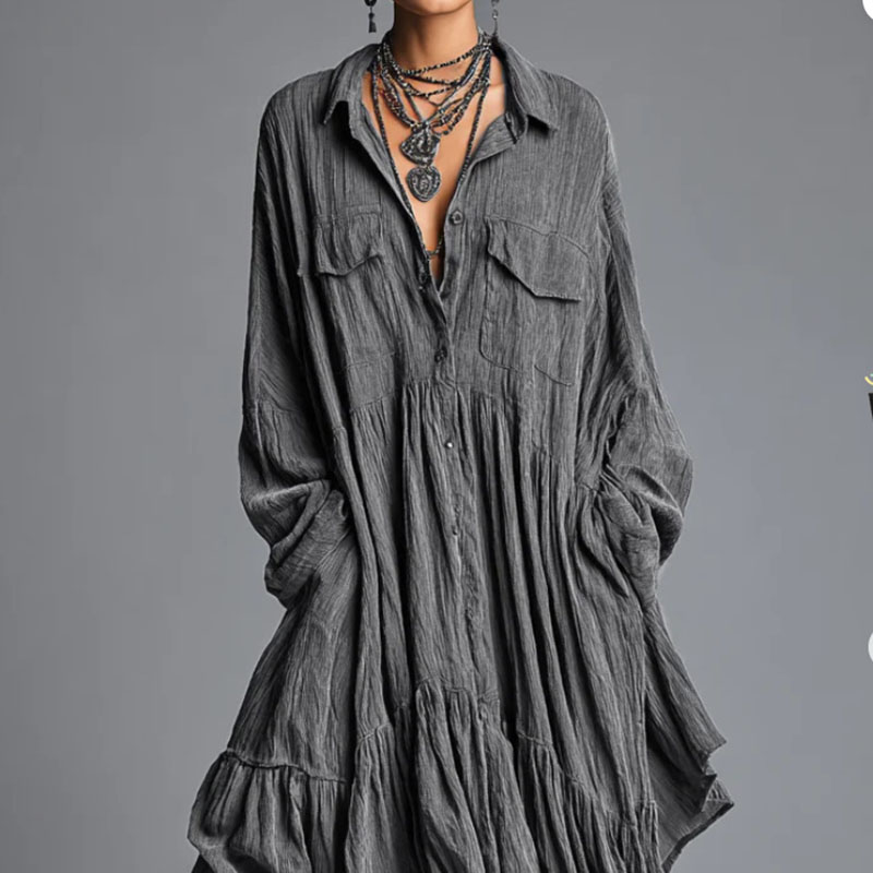 Robes décontractées pour femmes, nouvelle collection vintage, unie, ample, plissée, style bohème, longue, printemps 2026, robe maxi chemise à manches longues et col à revers boutonné