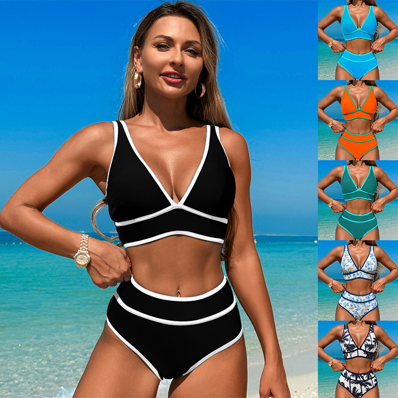 Ensembles de bikini pour femmes maillots de bain col en V taille haute 2 pièces maillots de bain maillots de bain imprimés unis/fleurs Bikinis