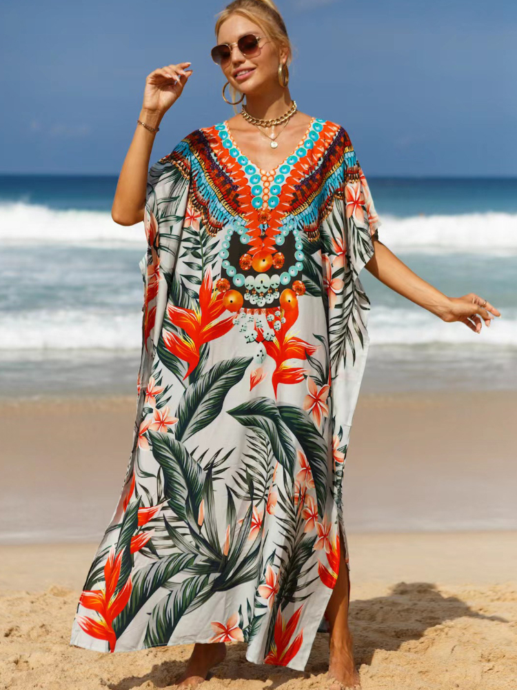 Robe caftan à imprimé tropical pour femme, vêtement de plage, élégant, maxi, pour les vacances, offre spéciale, livraison directe