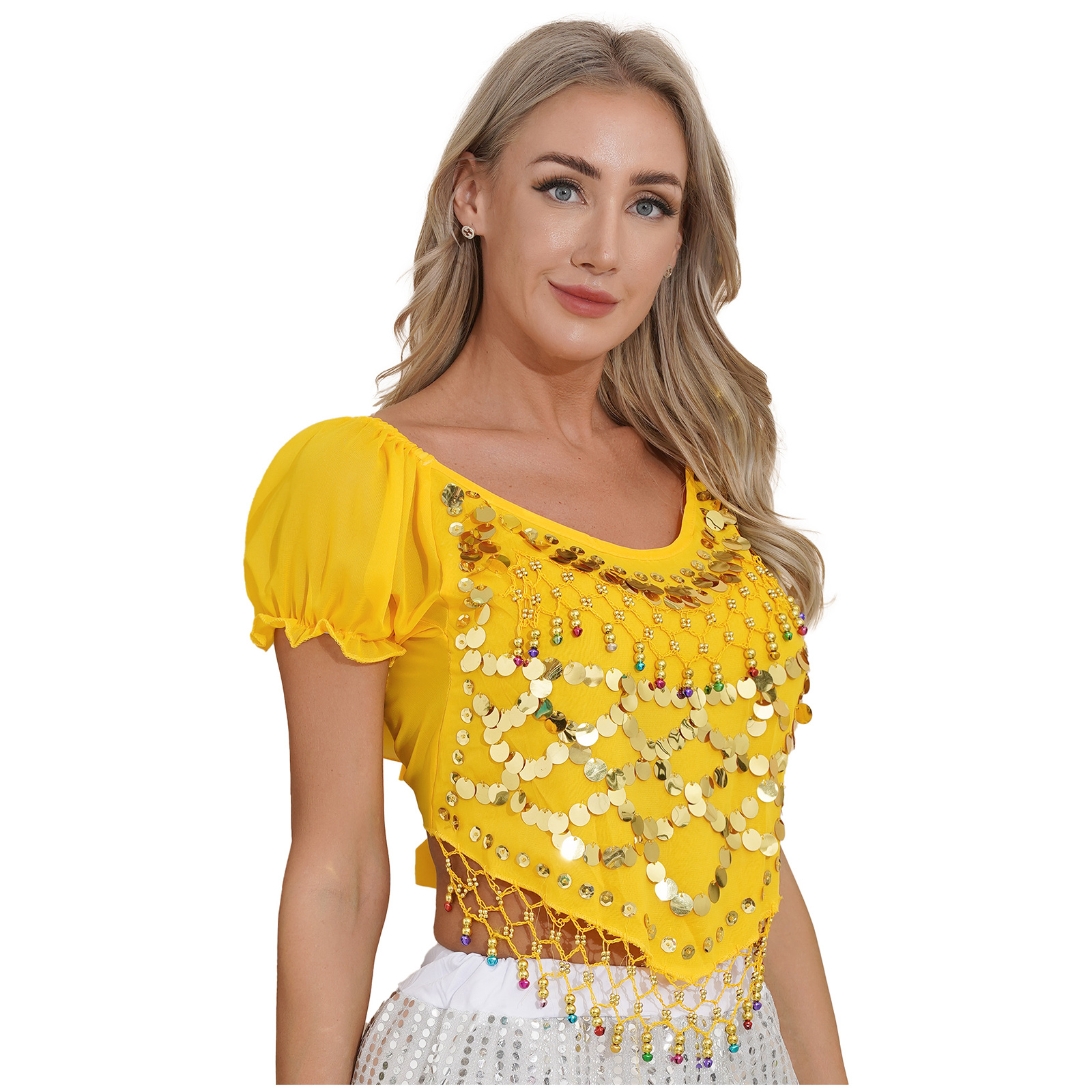 Costumes de danse du ventre à paillettes pour femmes, Bellyylene, ourlet irrégulier perlé en plastique, haut court, dos à lacets, vêtements financièrement