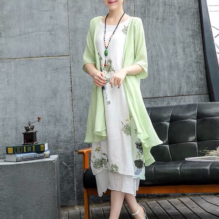 Ensemble de 2 pièces : Robe longue d'été élégante et décontractée pour femme, en coton et lin, imprimé vintage, avec cardigan.