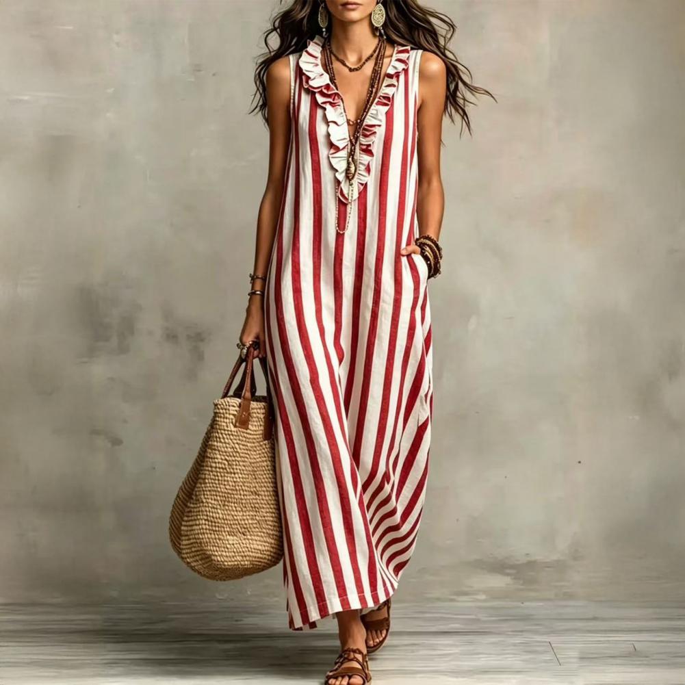 Robe d'été pour femmes avec poches, rayée, en coton et lin, maxi, sans manches, bohème, ample, longue, robe de plage
