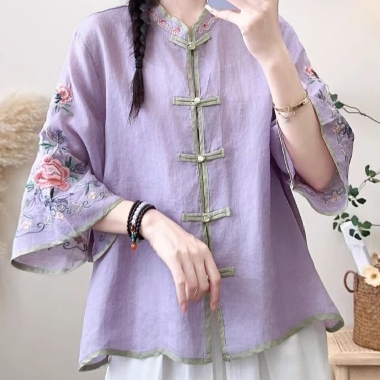 Été nouveaux hauts rétro couleur contrastée coton et lin brodé ethnique vent Blouse manches évasées Cardigan chemise pour les femmes