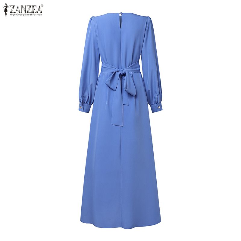 ZANZEA musulman Hijabs femmes Maxi Robes longues modeste à manches longues noué taille a-ligne robe Abaya Robes islamique Ramadan vêtements 3XL