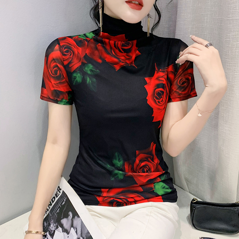 Taille S-3XL impression fixe maille t-shirts femmes col roulé mince à manches courtes t-shirts dame élégant extensible gaine florale haut T-Shirt