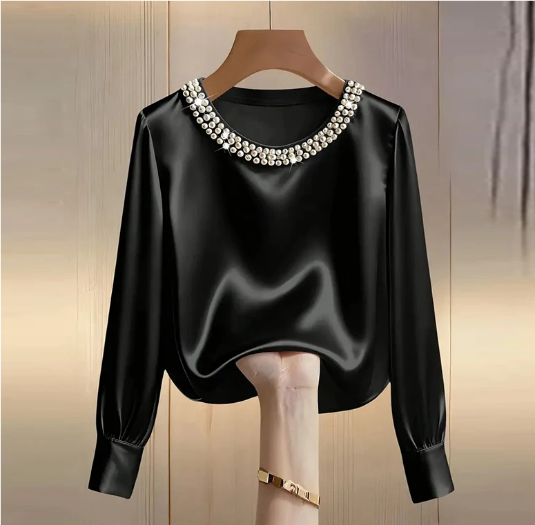 Chemisier en satin élégant pour femme, printemps-automne, avec perles, manches longues, en soie, col rond, coupe ample, hauts tendance