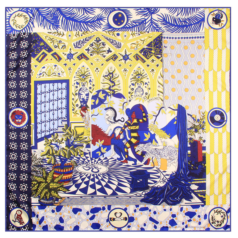 Foulard carré de luxe pour femmes, 90cm, sergé de soie roulé, ourlet imprimé palais, Hijabs, châle, Design de marque, foulards pour dames
