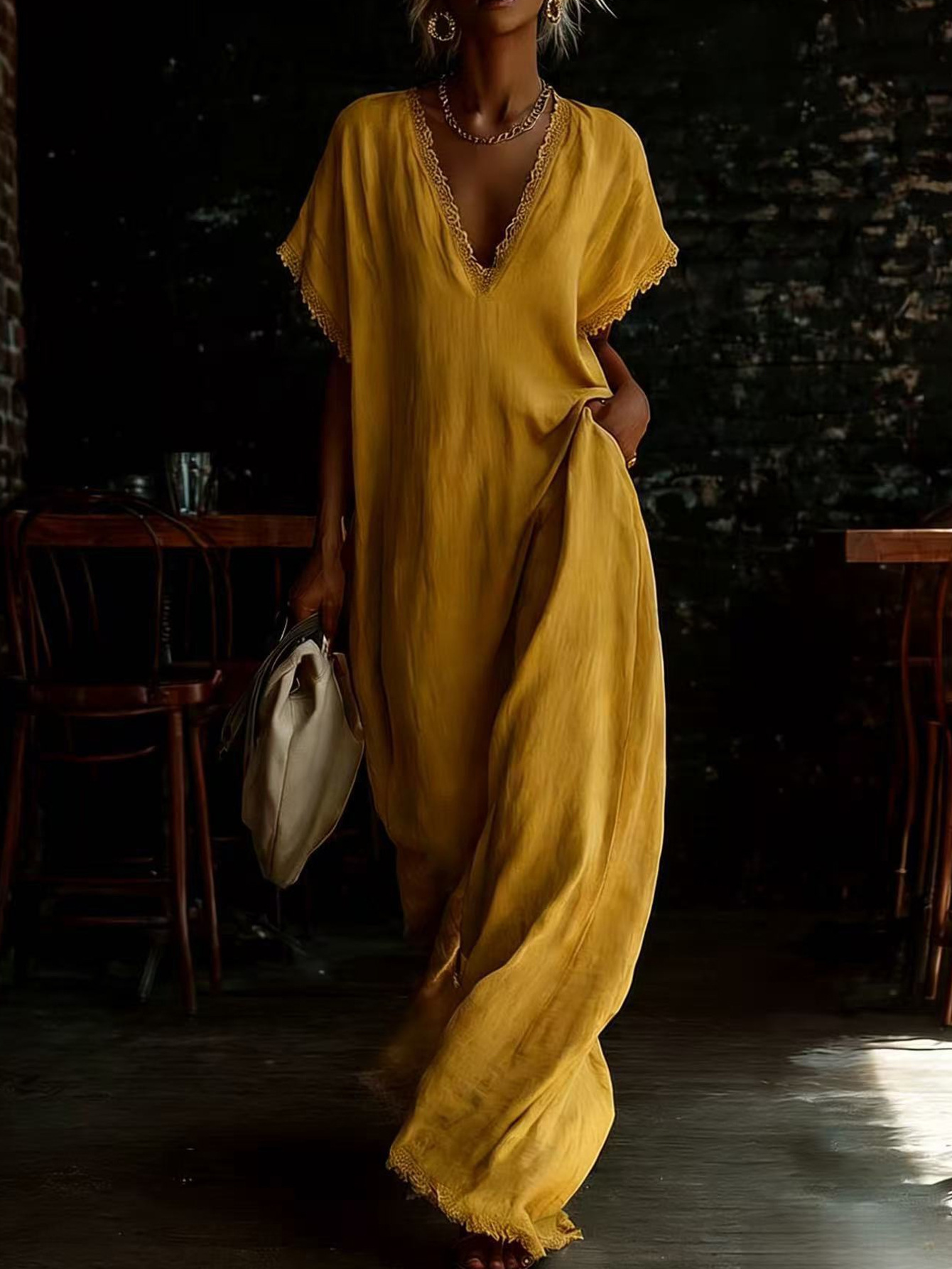 Robes décontractées pour femmes Tendances 2026 Robe longue ample sexy à col en V et dentelle Manches courtes d'été Robe longue bohème pour les vacances