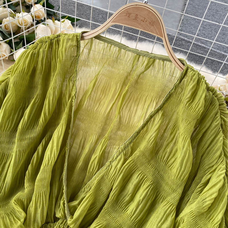 Chemisier court en mousseline de soie pour femmes, Sexy, transparent, manches Super longues, violet/vert/noir/blanc, plis, hauts de fête, nouvelle collection 2022