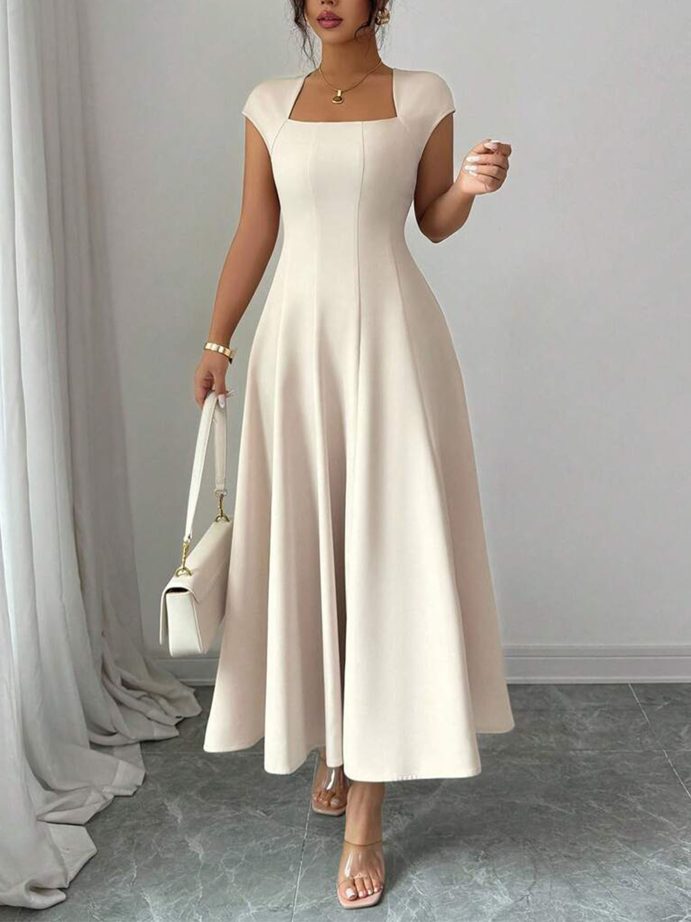 Robe midi à col carré pour femme, robe évasée ajustée à manches courtes, tenue élégante pour le bureau, les fêtes et les rendez-vous