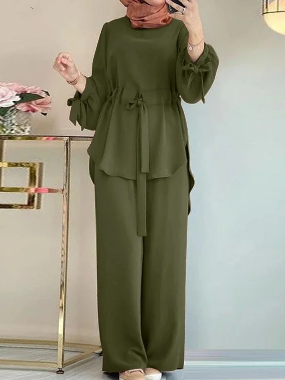 Eid – tenues musulmanes pour femmes, chemise avec ceintures, pantalon à jambes larges, costume Ramadan marocain dubaï Islam, Ensemble 2 pièces arabe Jalabiya, Ensemble modeste