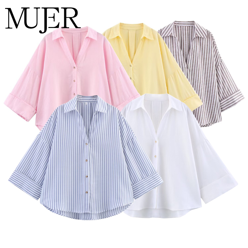 MUJER femmes chemises rayé surdimensionné chemises pour femmes à manches larges chemises et chemisiers décontractés femme blanc été hauts amples femme