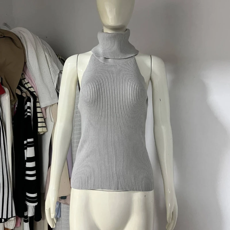 Ensemble débardeur en tricot à col haut pour Femme, avec gilet à manches longues et châle, costumes 2 pièces, dos nu, haut en tricot Sexy pour Femme